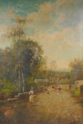 Landscape with cattle on a village street, C19th oil on canvas, signed lower left, A. Hulk and