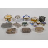 A collection of enamel, porcelain, silver plate and white metal snuff / pill boxes, larges 2¼"