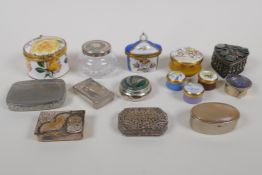 A collection of enamel, porcelain, silver plate and white metal snuff / pill boxes, larges 2¼"