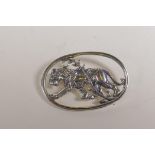 A sterling silver Georg Jensen style panther brooch, 1½" x 1"