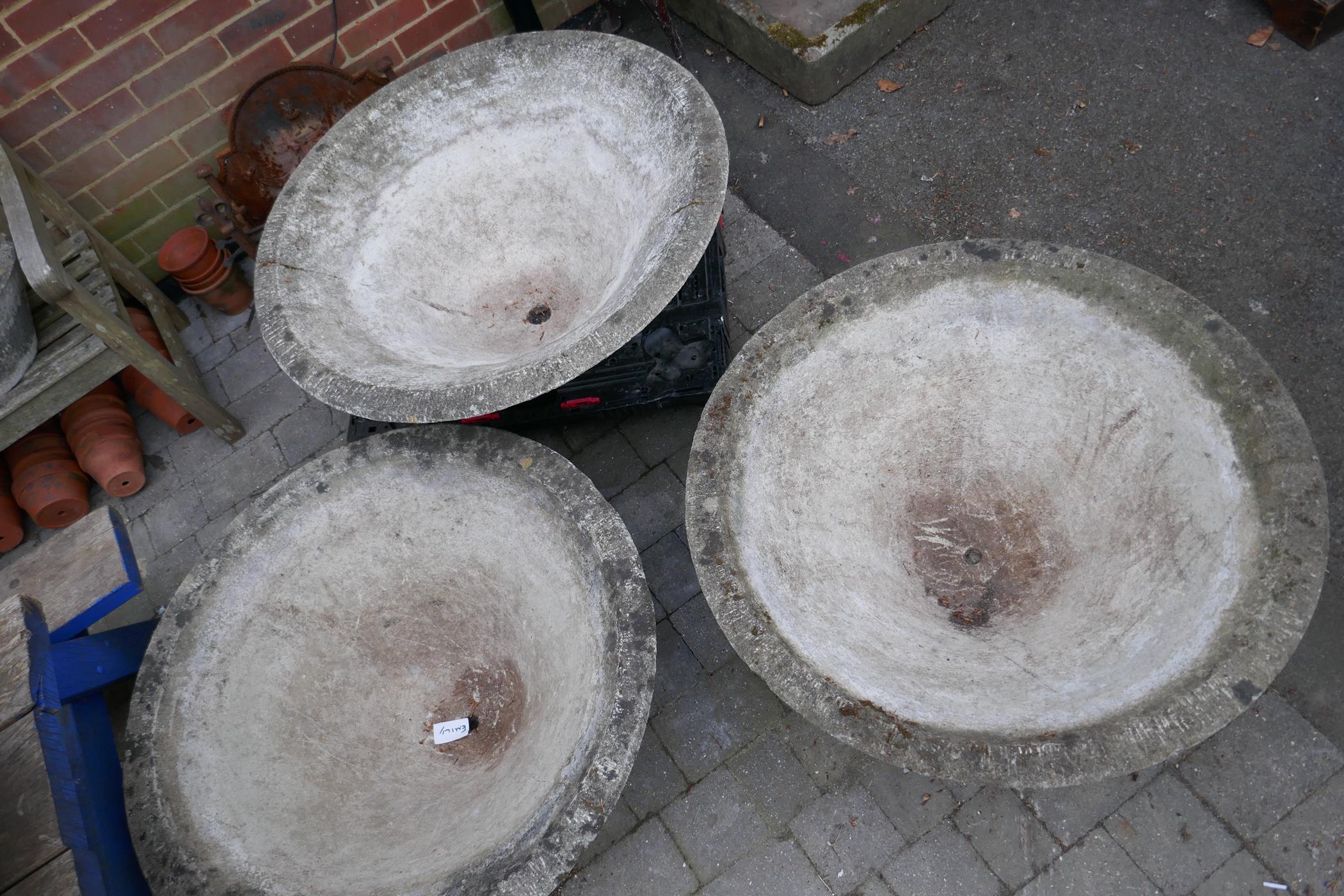 Three mid century conical concrete garden planters with bark effect exterior, 35" diameter - Image 5 of 6