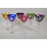 A harlequin set of six Bohemian long stem wine glasses, a/f two glasses rims chipped, 8" high