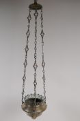 A silver plated hanging censer with winged putti decoration, 18" drop