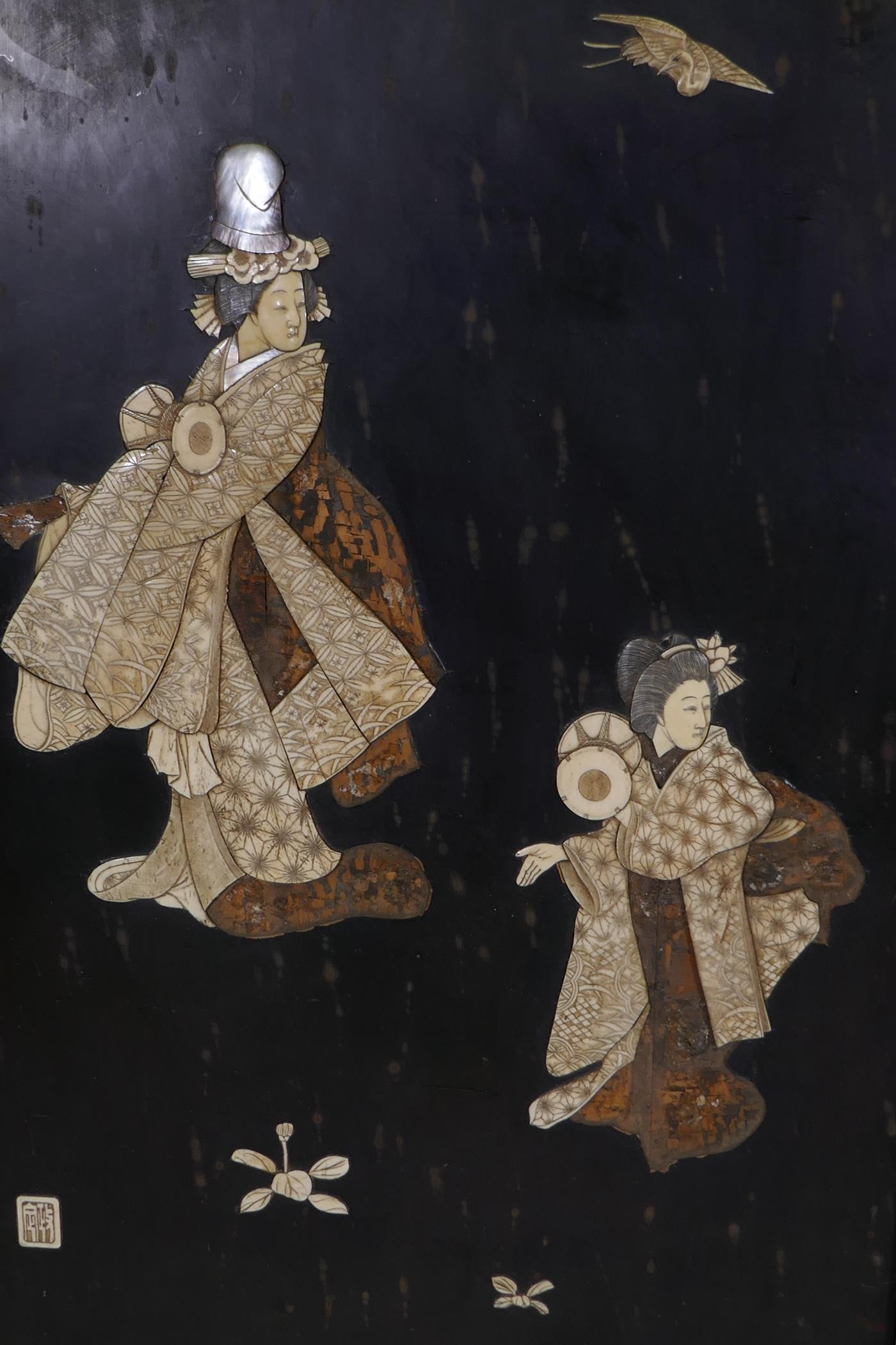 A pair of large Japanese wall plaques with carved and inked ivory decoration of geishas, AF, 25" x - Image 3 of 6