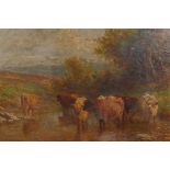 Highland Cattle watering, C19th, signed indistinctly Geo? and monogramed D.H., oil on canvas, 20"