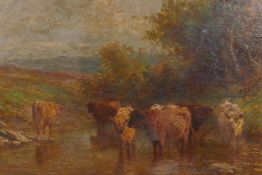 Highland Cattle watering, C19th, signed indistinctly Geo? and monogramed D.H., oil on canvas, 20"