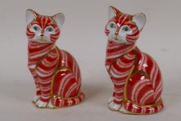 Two Royal Crown Derby porcelain figures of seated cats, 5" high