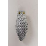 A silver plated owl shaped vesta case with glass eyes, 3" long