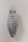 A silver plated owl shaped vesta case with glass eyes, 3" long