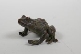 A Japanese bronze okimono frog, 2" long