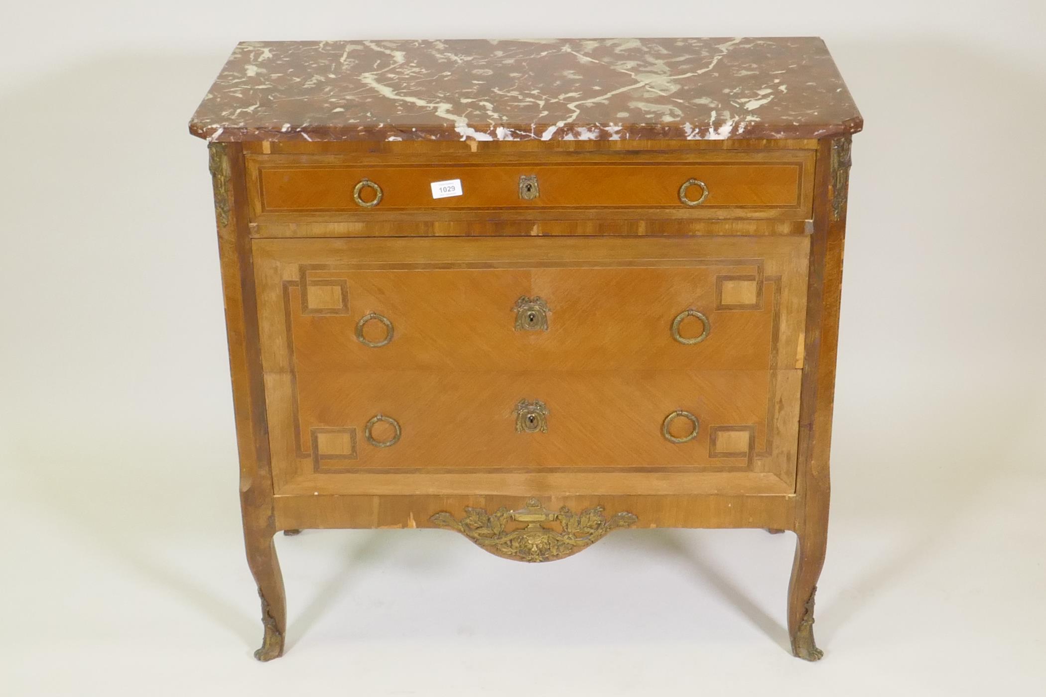 A French late C19th Louis XV style inlaid kingwood three drawer commode, with rouge marble top and - Image 2 of 4