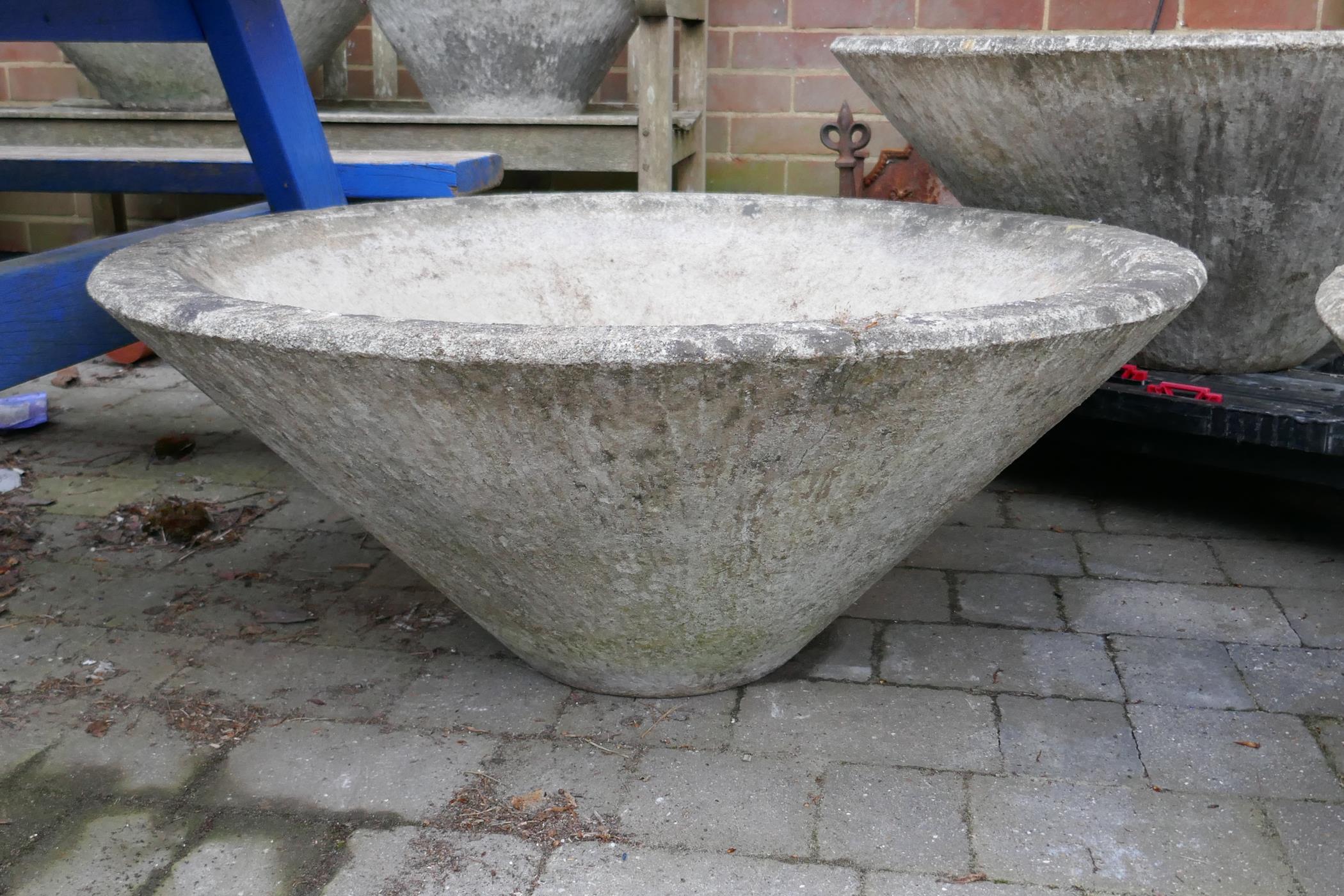 Three mid century conical concrete garden planters with bark effect exterior, 35" diameter - Image 3 of 6