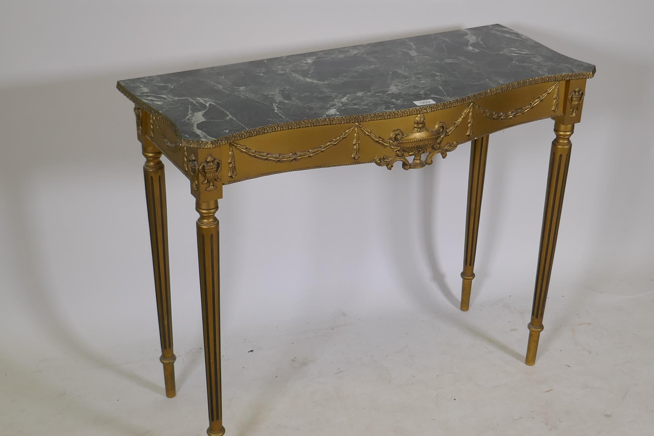 A mid century giltwood and composition console table with faux marble top, raised on fluted - Image 3 of 3