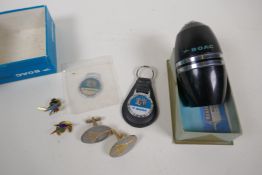 BOAC airline memorabilia, a Ronson table lighter, Concord cuff links, 10 and 20 year enamel pins,