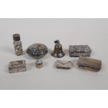 A quantity of hallmarked import and continental silver bijouterie, including stamp boxes, pill