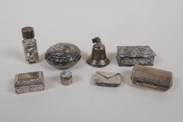 A quantity of hallmarked import and continental silver bijouterie, including stamp boxes, pill