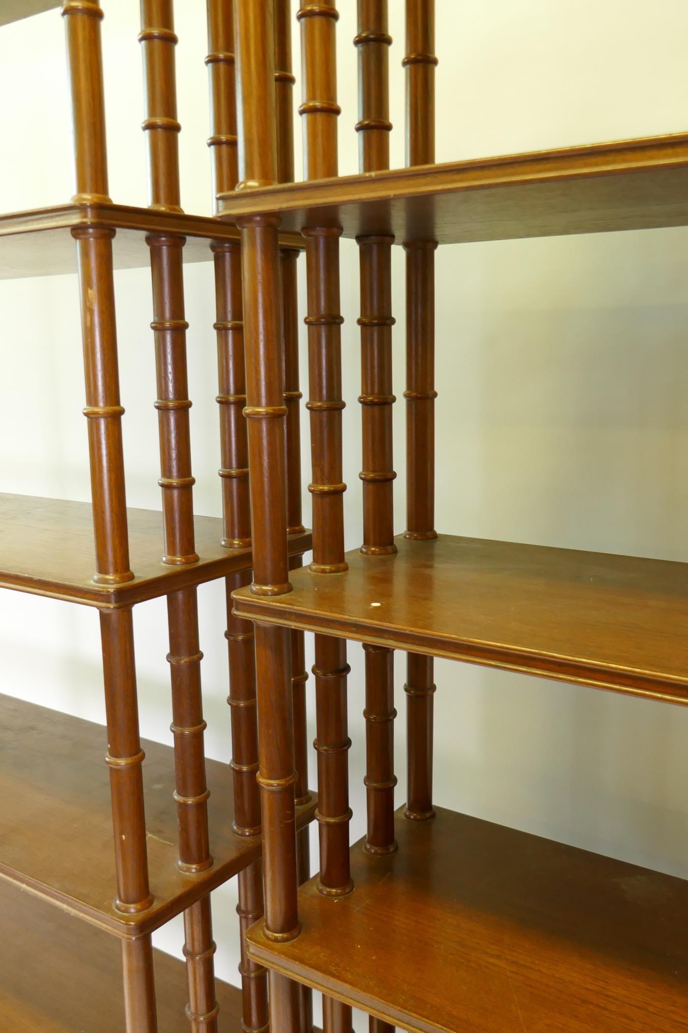 A pair of teak open shelves, with ring turned end supports, one lacking finial, 32" x 12" x 80" - Image 2 of 3