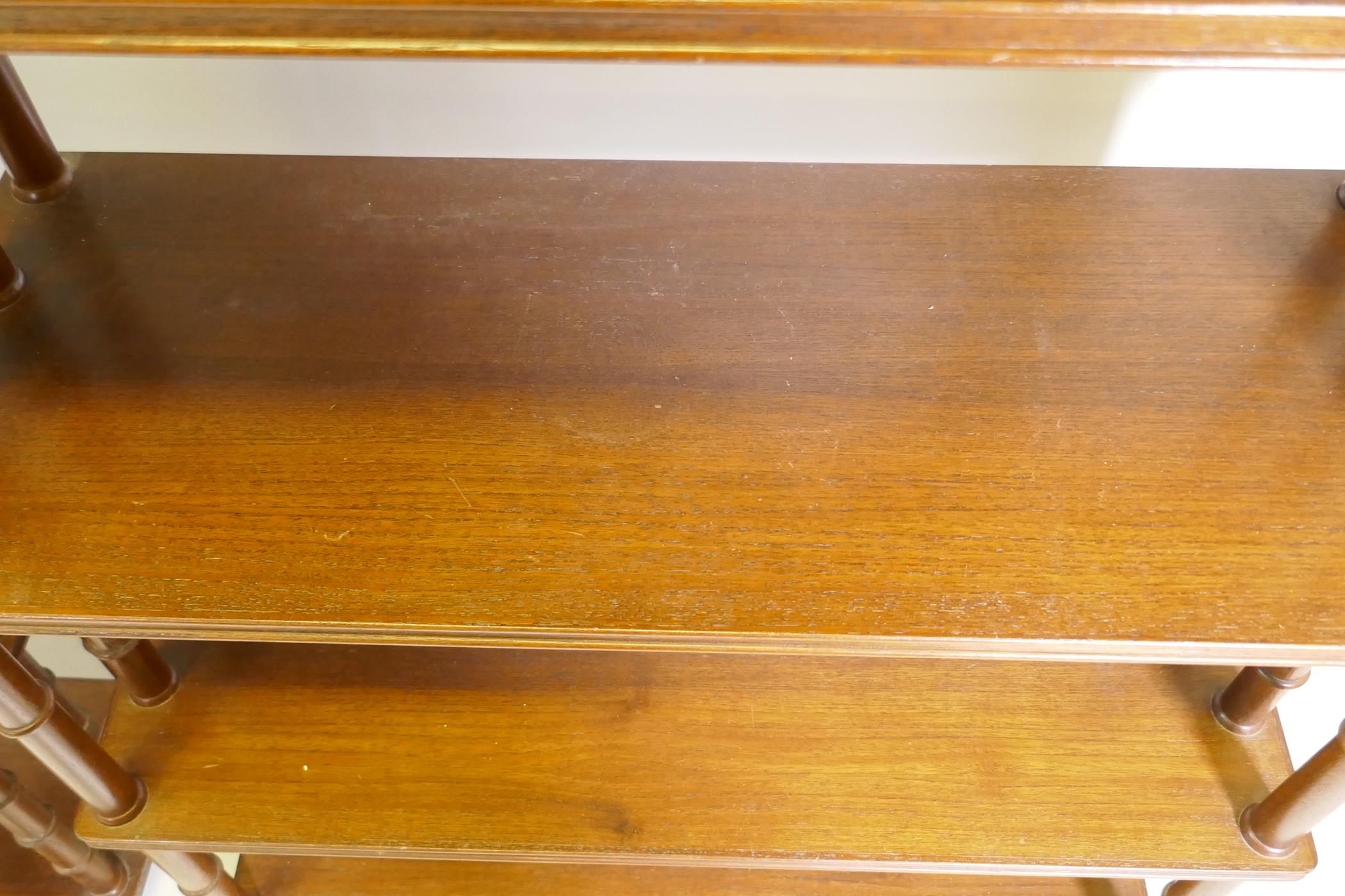 A pair of teak open shelves, with ring turned end supports, one lacking finial, 32" x 12" x 80" - Image 3 of 3
