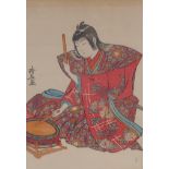 A Japanese woodblock print of a drummer in elaborate costume, signed, 7½" x 10"