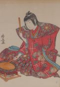 A Japanese woodblock print of a drummer in elaborate costume, signed, 7½" x 10"