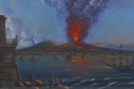 View of the bay of Naples with Vesuvius erupting, after de Vito, gouache, 12½" x 18½"