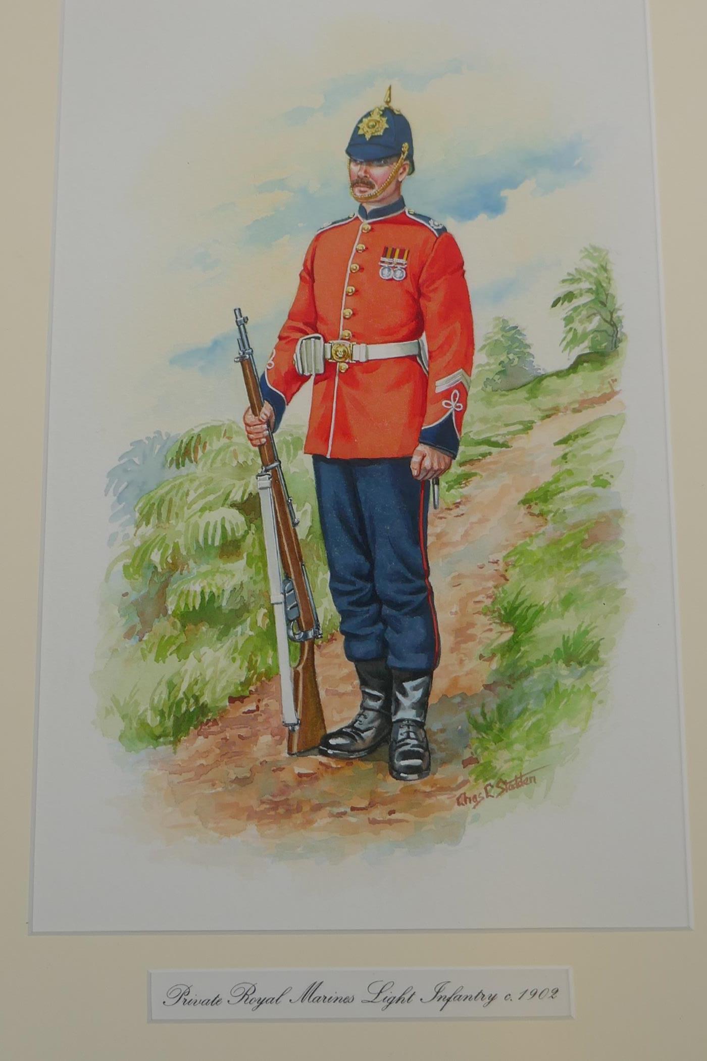 Chas C. Stadden, four full length portraits of marines in dress uniform, watercolours, and a print - Image 5 of 7
