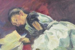 Girl reading a large book, oil on canvas, 16" x 12"