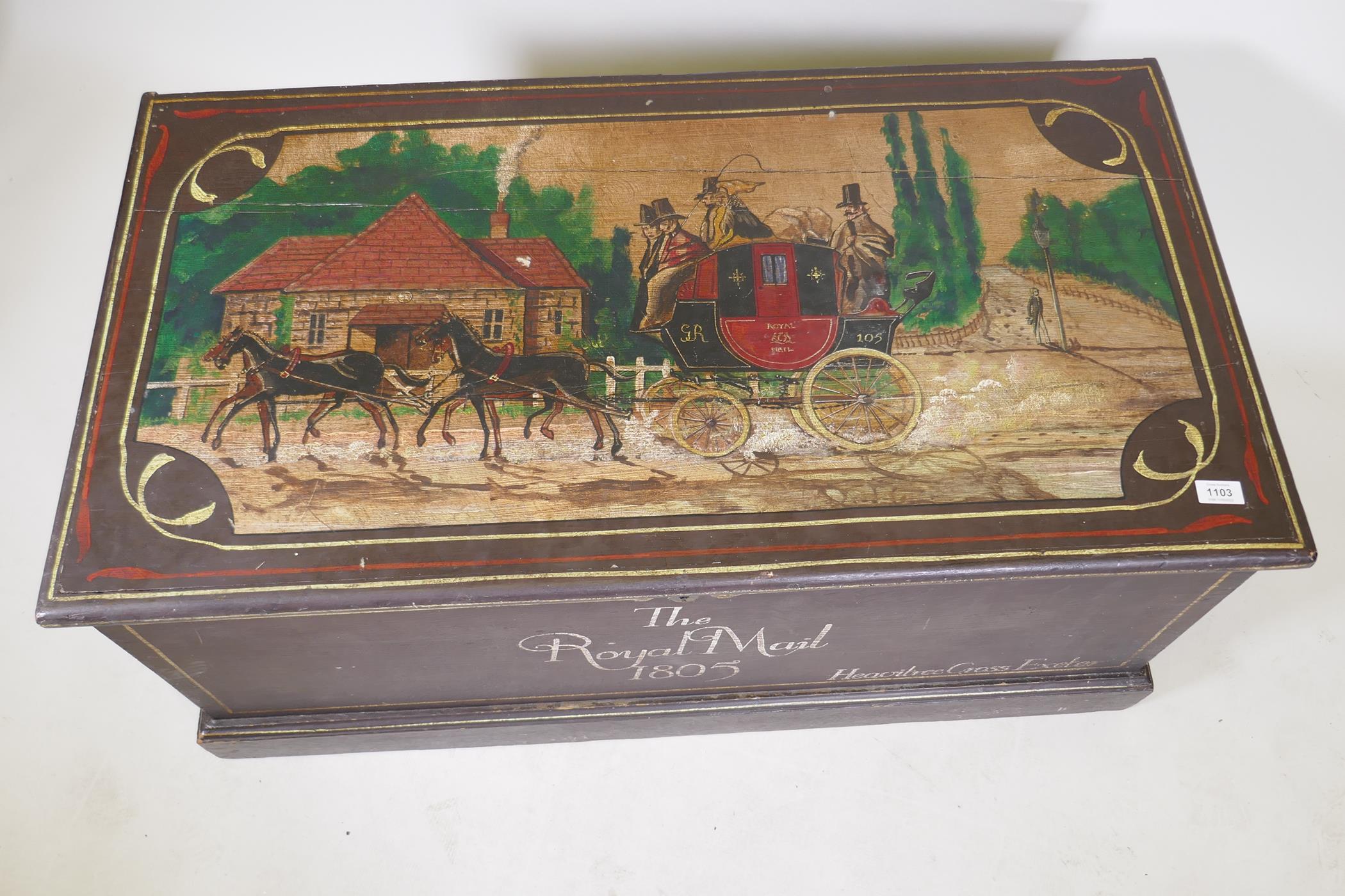 A C19th painted pine blanket chest, decorated with a coaching scene, 42" x 22" x 19" - Image 2 of 5