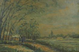 After Alfred Sisley, landscape with figures on a path, signed Sisley and dated, inscribed verso,