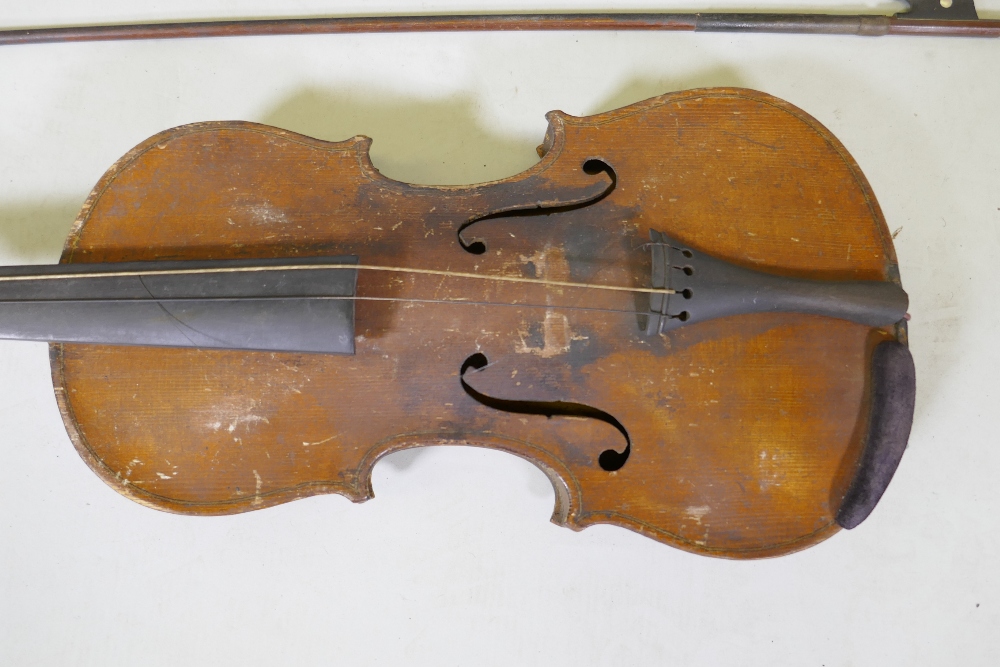 An antique violin in wood case, AF, and a bow, marked Dodd - Image 4 of 11