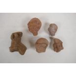 Five early Indian terracotta head busts, largest 4"