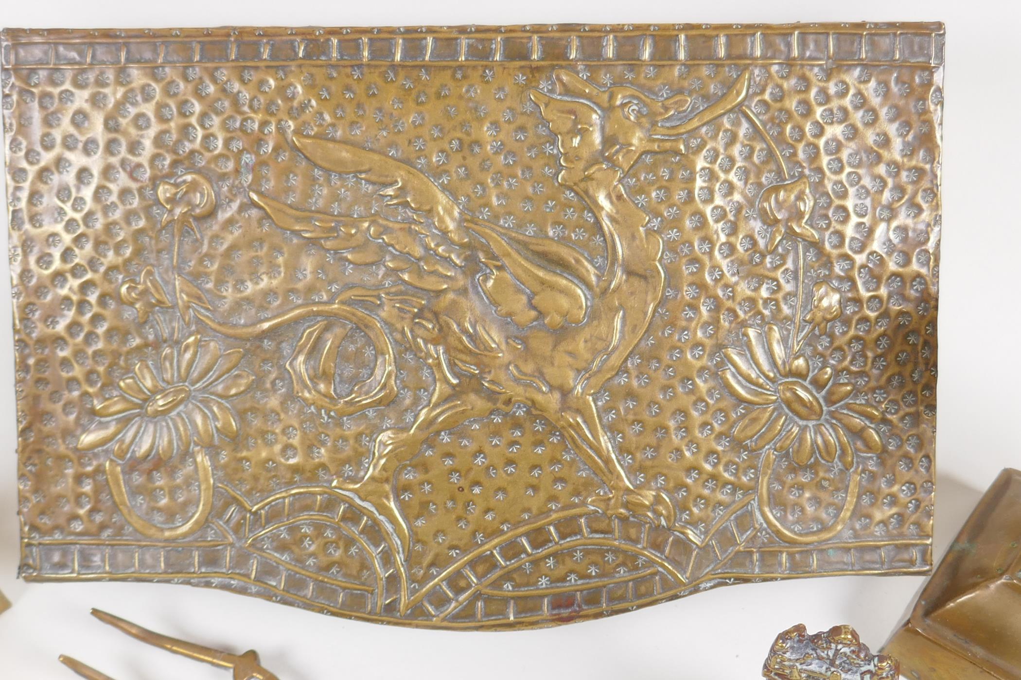 A brass bound wooden table top box embossed with a phoenix and devils masks, 10" x 6½"x 2", a pair - Image 2 of 4