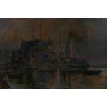 Arthur Briscoe, maritime scene at night with tug boat by a landing station, signed, oil on canvas,