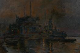 Arthur Briscoe, maritime scene at night with tug boat by a landing station, signed, oil on canvas,