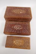 A set of three Anglo Indian hardwood nesting boxes with carved and bone inlaid decoration, largest
