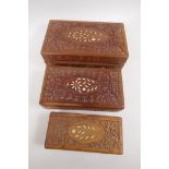 A set of three Anglo Indian hardwood nesting boxes with carved and bone inlaid decoration, largest