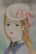 Portrait of a young woman, in the manner of Marie Laurencin, signed, watercolour, 11½" x 8½"