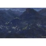 Scandinavian School, mountain villages at night, signed Osslund, pastel drawing, 11½" x 17½