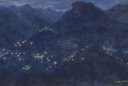 Scandinavian School, mountain villages at night, signed Osslund, pastel drawing, 11½" x 17½