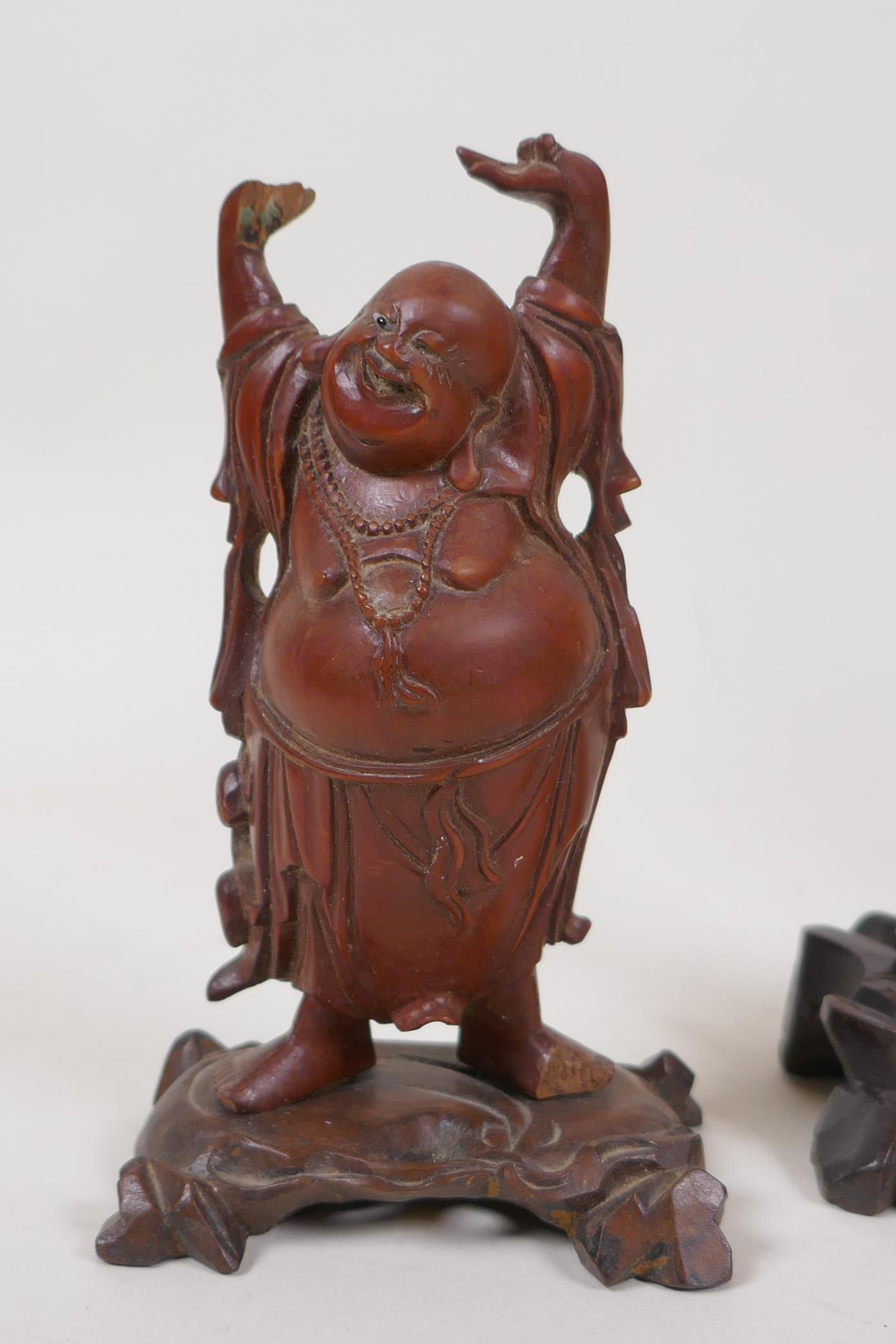 Seven Chinese carved hardwood figures, with depictions of Shao Lao and Buddha, largest 9½" high, AF - Image 2 of 8