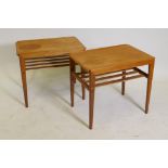 A pair of mid century teak side tables with slatted undertiers, 23" x 15" x 20"