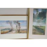 John Scarland, tree lined road flanked by sun bleached fields, 15½" x 8", and beached fishing