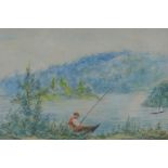 River scene with fisherman, watercolour, 8" x 5½"