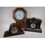 A French slate and marble mantel clock in an architectural four pillar case, the American movement