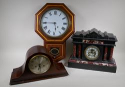 A French slate and marble mantel clock in an architectural four pillar case, the American movement