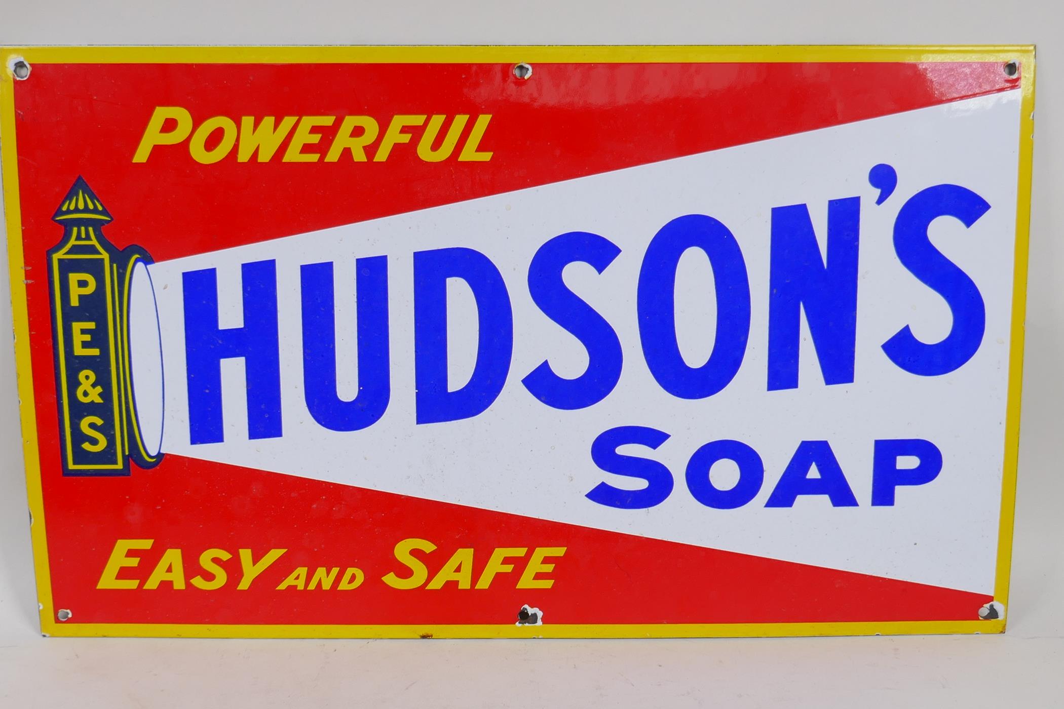 An enamel advertising sign for Hudson's soap, 12" long