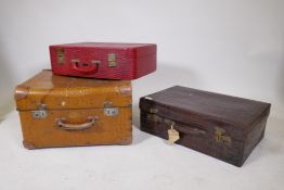 A crocodile skin vanity case with fitted interior, AF, and two vintage faux skin cases