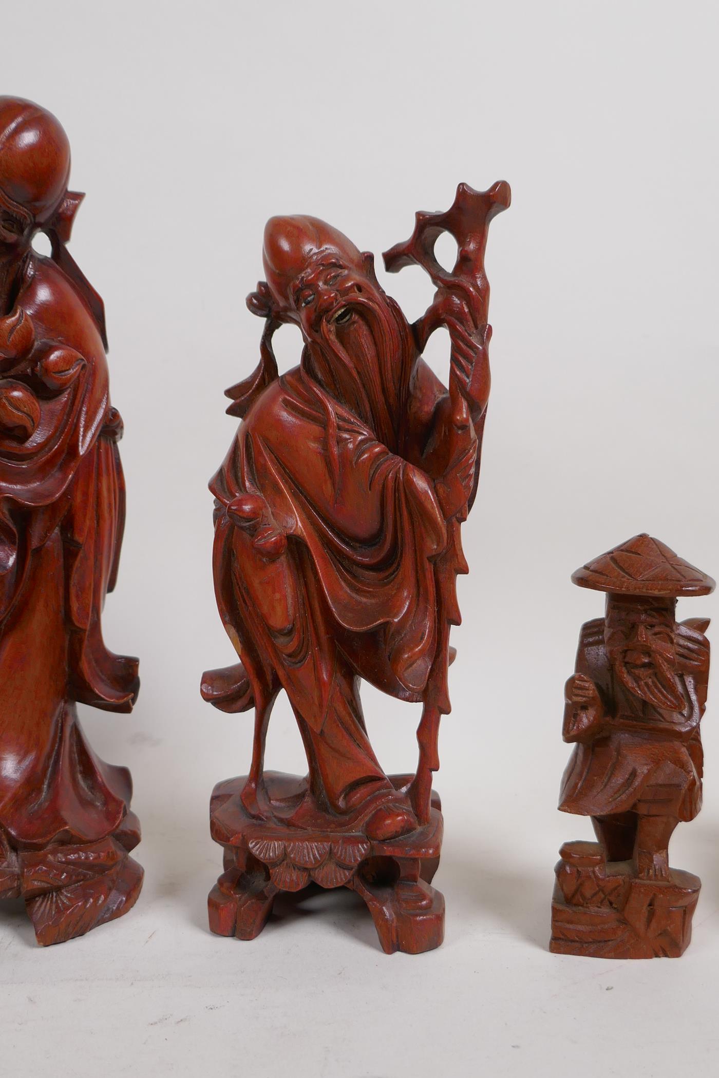 Seven Chinese carved hardwood figures, with depictions of Shao Lao and Buddha, largest 9½" high, AF - Image 6 of 8