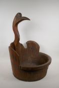 An oriental coopered wood bucket / basket with a crane's head handle, 23½" high x 16" diameter