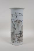 A Chinese Republic style porcelain cylinder vase decorated with figures in a mountain landscape, 12"